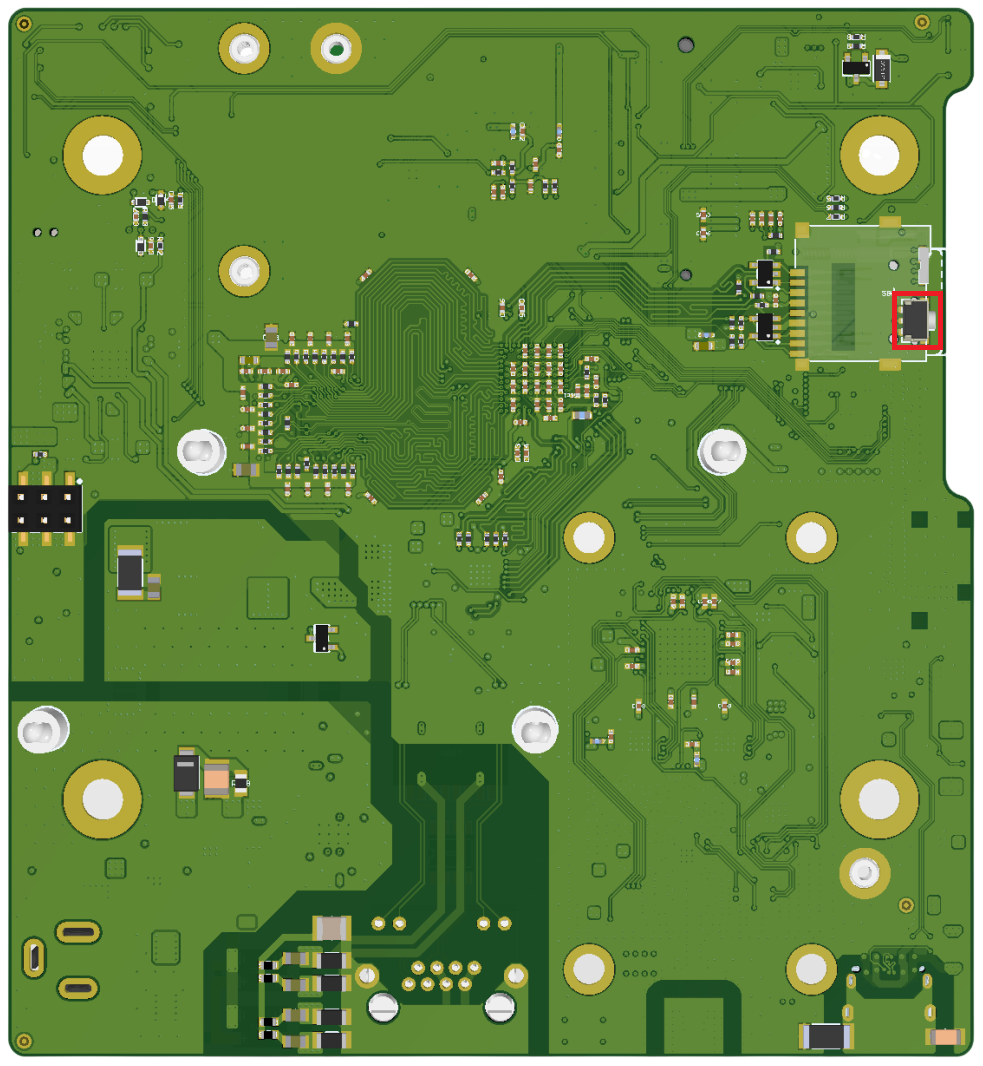 Restart button on the back of the board, below the SIM card slot
