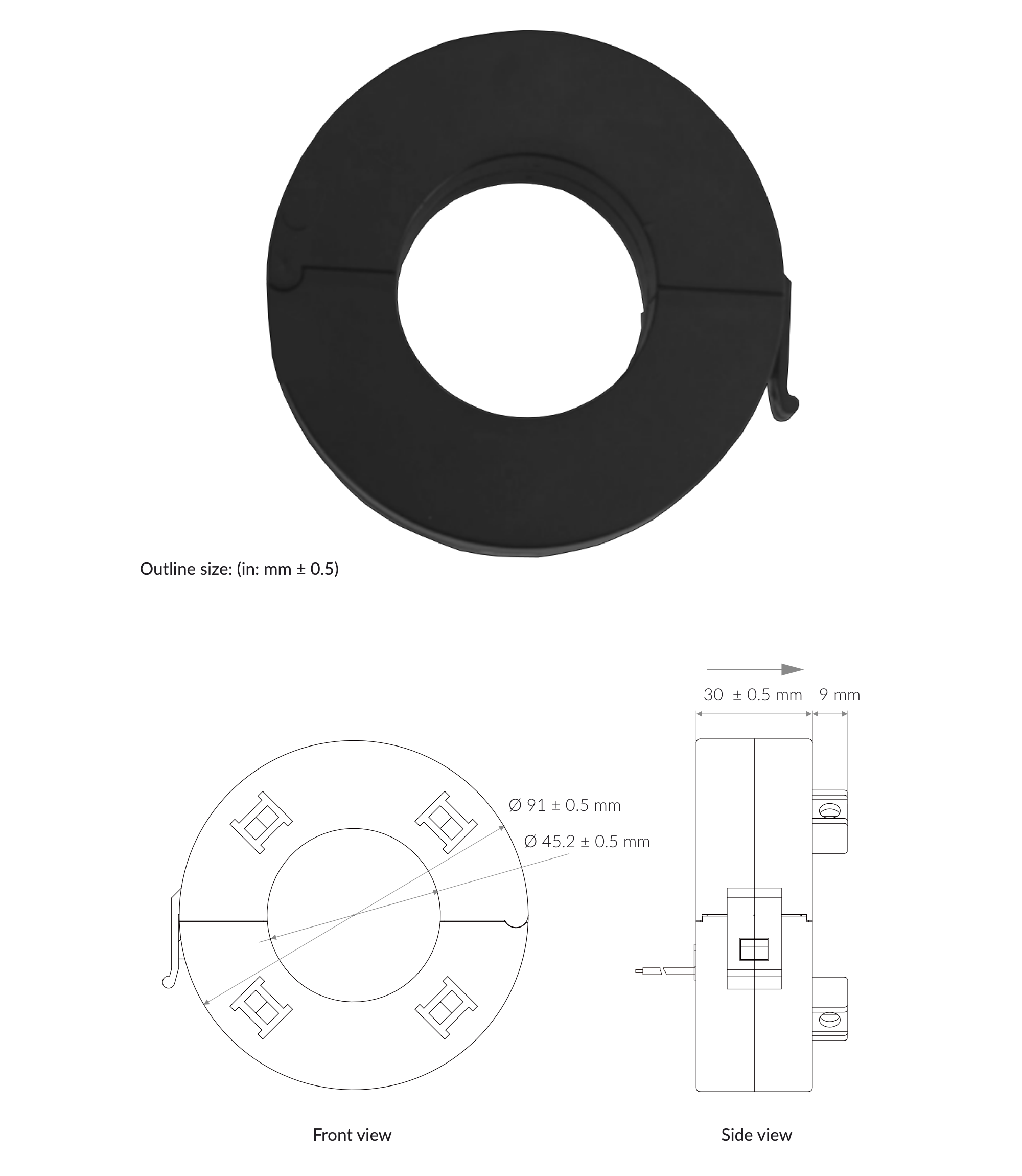 Current transducer 200A with dimensions